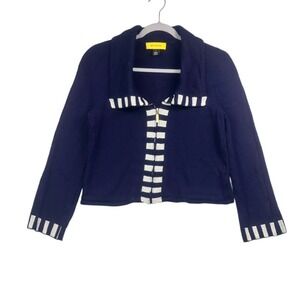 St. John Navy Zip Front Knit Cardigan Jacket Striped Trim Size S Vintage